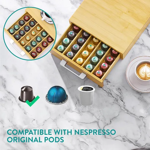 Vista 5 de Navaris Almacenamiento de cápsulas de café de bambú – Cápsulas de café y bandeja para té – Ahorro de espacio debajo de la cafetera – Cajón