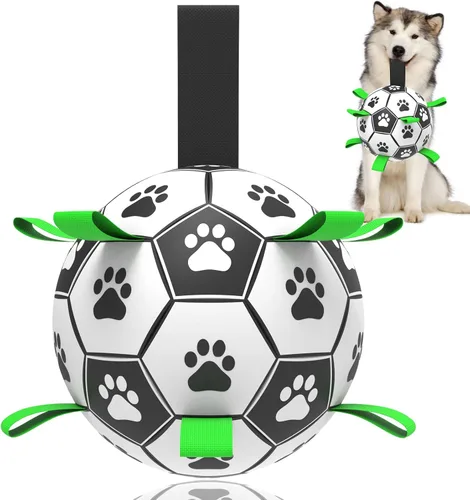 Vista 8 de Juguetes para perros con correas, pelota de fútbol de 6" Copa del Mundo, juguetes interactivos para perros para tirón de guerra, juego de jardín