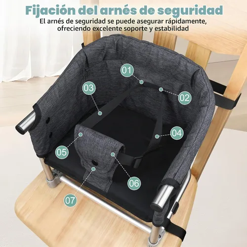 Vista 6 de Asiento elevador para mesa de comedor, silla elevadora portátil 3 en 1 con hebilla de seguridad, asiento de alimentación de bebé ajustable y Negro