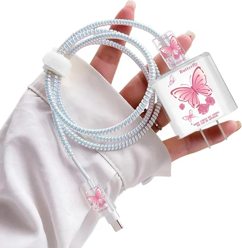 Vista 24 de Lindos protectores de cable para iPhone Funda de carga bonita elegante patrón de mariposas azules diseño único cable de datos cargador de línea