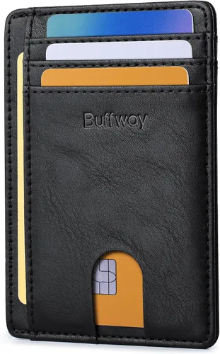 Vista 29 de Buffway Cartera delgada para hombres y mujeres, minimalista, pequeña, de cuero, con bolsillo frontal, con bloqueo RFID y caja de regalo, Pequeña