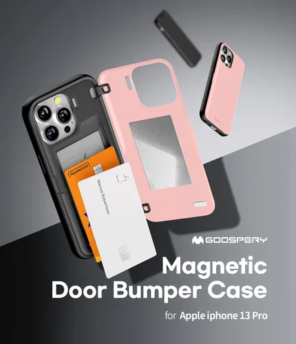 Vista 2 de GOOSPERY Parachoques magnético para puerta compatible con iPhone 13 Pro, tarjetero tipo cartera, cierre automático, protección de doble capa Rosa