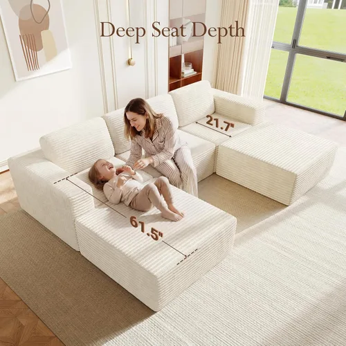 Vista 5 de Vesgantti Sofá modular en forma de U de 119 pulgadas, sofá modular de pana con asiento profundo y soporte de resortes, sofá convertible con 2 Beige