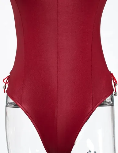 Vista 6 de Conjunto de traje de disfraz de conejito para mujer, una sola pieza, con accesorios, Rojo, 5XL