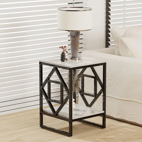 Vista 2 de Mesa auxiliar de piedra sinterizada: mesa de centro pequeña cuadrada blanca de 2 niveles con marco negro - Sofá moderno mesita de noche para sala