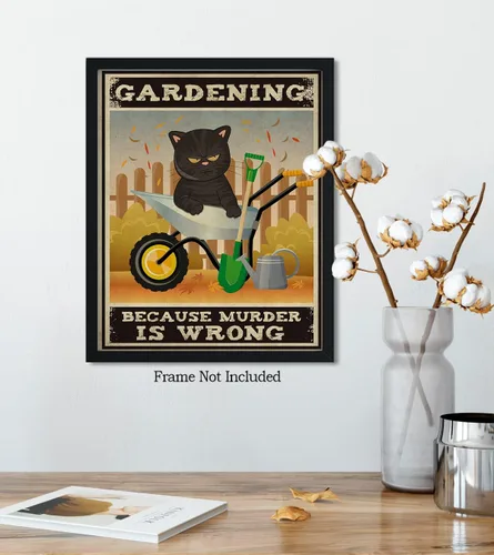 Vista 5 de Gardening Because Murder Is Wrong Room Decor - Retro Wall Decor for Kitchen Bakery Bathroom Bedroom - Funny Wall Art Gift for Women Men Cat Lovers