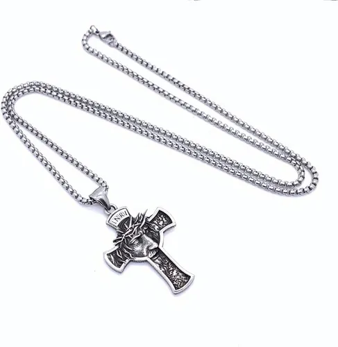 Vista 2 de NIGHTCRUZ INRI - Collar de Jesucristo, collar con colgante de cruz con corona de espinas Jesús
