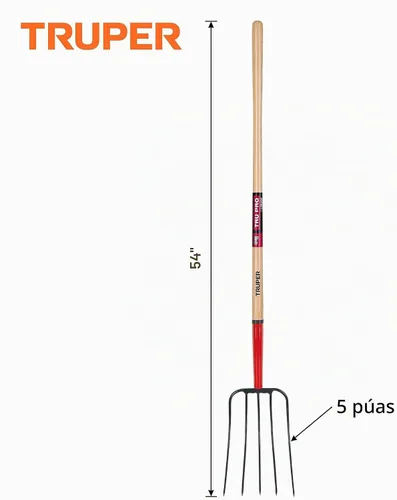 Vista 2 de Truper Tru Pro - Tenedor de estiércol de 5 dientes, mango de madera de fresno blanco prémium de 54 pulgadas, cabeza de acero forjado, herramienta