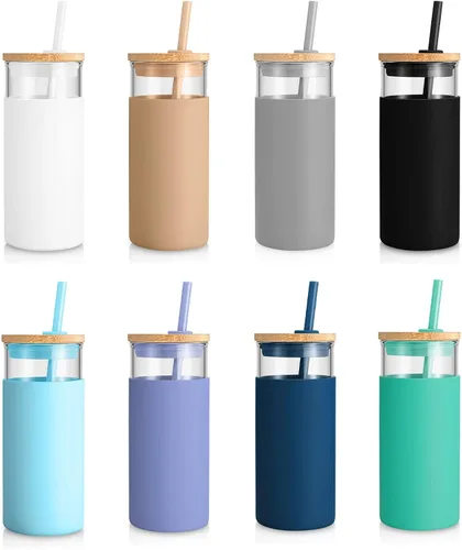 Vista 52 de Tronco Vaso de vidrio de 20 onzas con tapa y popote, taza de café helado y vaso para batido con tapas de bambú y funda protectora de silicona, apto