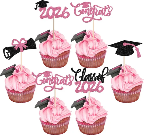 Vista 54 de 30 piezas de decoración para cupcakes de graduación para la clase de 2026 con purpurina brillante para el futuro diploma hecho 2026 Felicidades