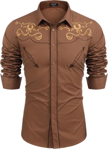 Vista 18 de COOFANDY Camisa occidental para hombre de manga larga con bordados, camisa de vaquero casual con botones café (01-Coffee(Pattern1))