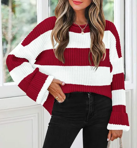 Vista 66 de ZESICA Suéter tejido sin botones de manga larga y cuello redondo, a rayas, bloques de color, cómodo, holgado, talla extragrande para mujer de 2024