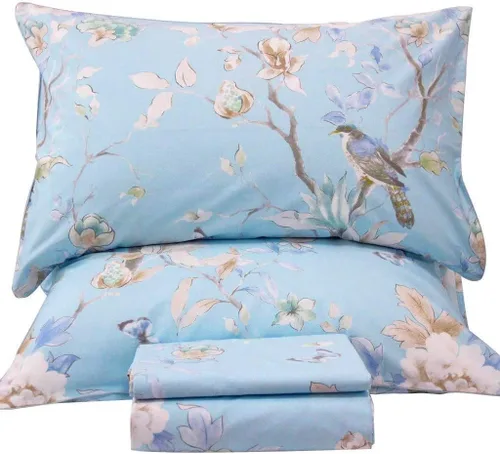 Vista 19 de QSH Juego de sábanas de tamaño individual 100% algodón egipcio, estampado de flores verdes con pájaros, mariposas y botánicas, lujo impreso, ropa
