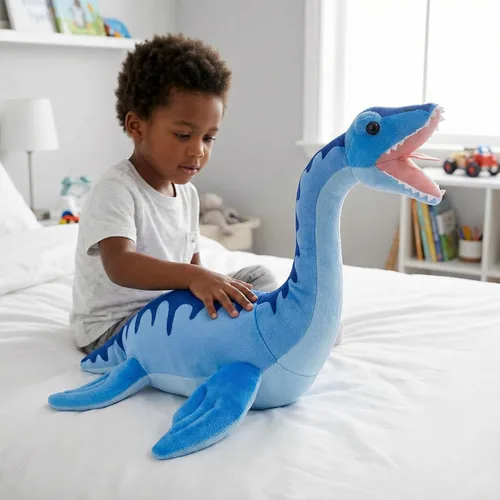 Vista 4 de Juguete de peluche realista de Plesiosaurus, dinosaurio azul realista de 16 pulgadas, animal de peluche Utahraptor Tyrannosaurus, suave, regalos