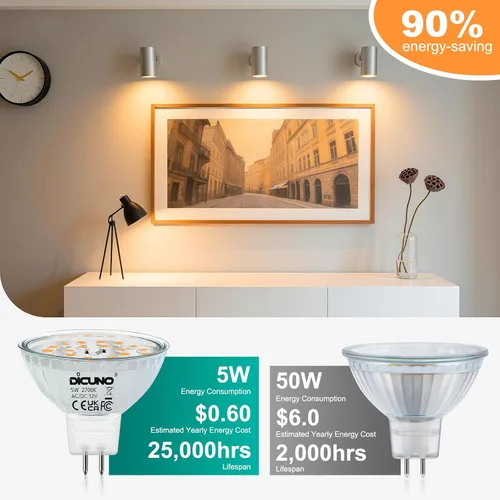 Vista 5 de DiCUNO Bombillas LED MR16 regulables de 50 W, reemplazo halógeno de 2700 K, blanco cálido, base de vidrio GU5.3 con base de dos pines, ángulo de haz