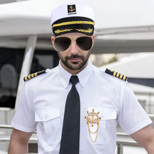Vista 7 de 6 piezas de disfraz de capitán de yate de marinero para hombres, juego de accesorios de crucero para adultos para fiestas temáticas náuticas
