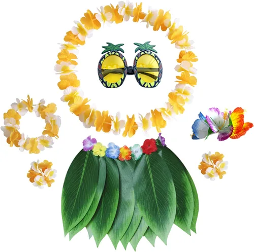 Vista 8 de PHOGARY 7 Pack Hawaiian Flower Leaf Hula Skirt Costume Accessory Kit for Hawaii Luau Party Azul