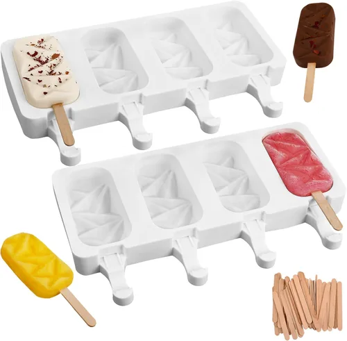 Vista 12 de Sakolla - Juego de moldes de silicona para paletas de hielo, 4 cavidades, moldes para helado ovalados con 50 palos de madera