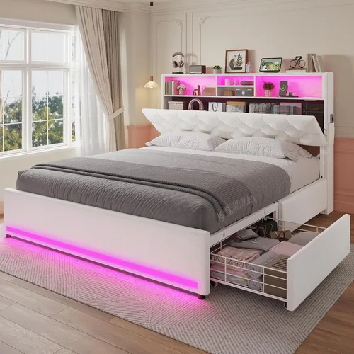 Vista 9 de HAUOMS - Base de cama Queen con cabecero y 4 cajones, tapizado de poliuretano negro Pu Negro