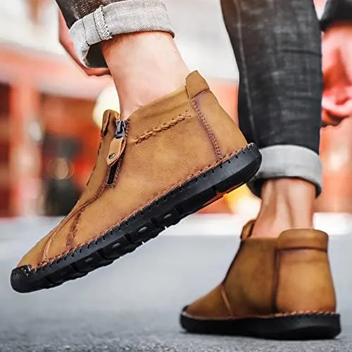 Vista 5 de Govicta Zapatos casuales de cuero para hombre, botines chukka sin cordones, mocasines ligeros de media parte superior para caminar, zapatos