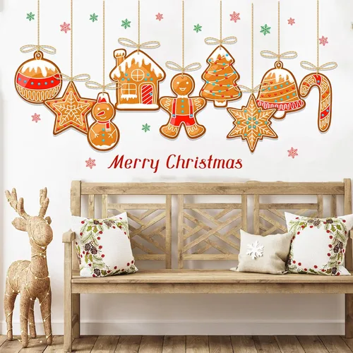 Vista 9 de Calcomanías de pared de Navidad, calcomanías de galletas de jengibre, decoración de pared de Feliz Navidad, calcomanías de pared extraíbles