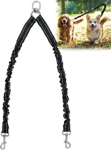 Vista 10 de Acoplador de correa doble para perro, correa elástica sin enredos con giro de 360, cómoda correa reflectante que absorbe los golpes para caminar 2