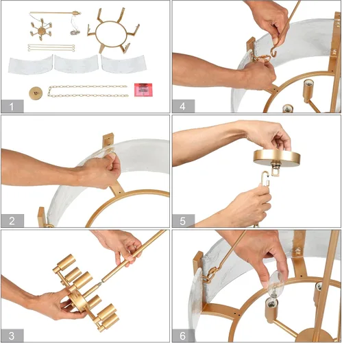 Vista 9 de ZEVNI Candelabro de tambor dorado, lámpara de cristal dorado para isla de cocina, lámpara moderna de 6 luces para comedor, entrada, vestíbulo