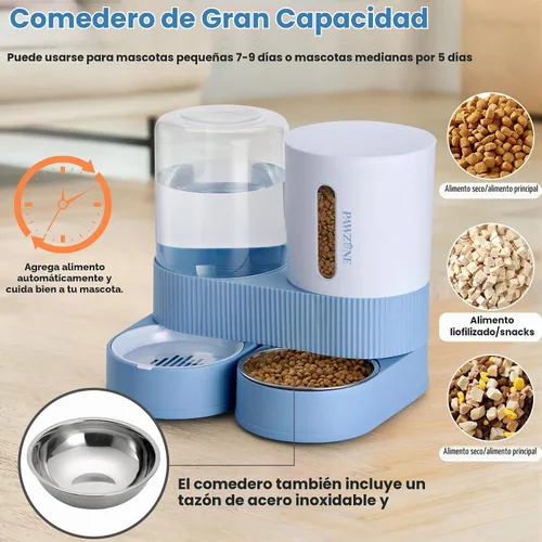 Vista 3 de Alimentador automático para gatos, dispensador de agua de acero inoxidable, alimentador de alimentos por gravedad y bebedero con cuenco de comida