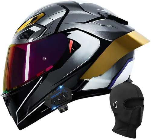 Vista 13 de Casco de motocicleta Bluetooth de cara completa, aprobado por DOT, casco antivaho, doble visera, casco de bicicleta de calle, altavoz dual integrado