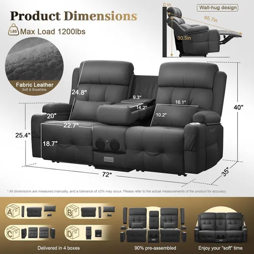 Vista 85 de Sofá de Dos Plazas Reclinable, Sofá Reclinable de Masaje con Gran Capacidad de Peso, Silla de Dos Plazas para RV en Liquidación con Consola, USB