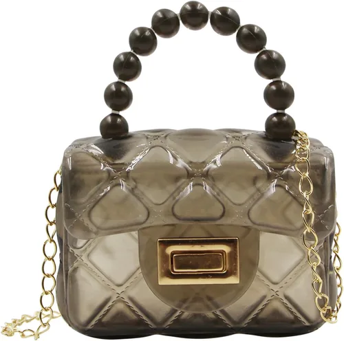 Vista 5 de Bolso cruzado para niñas pequeñas, mini bolso de gelatina, color caramelo, bolsa de hombro transparente con asa superior de perlas