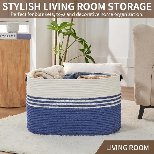 Vista 7 de DOFASAYI Cesta de lavandería grande de 72 litros con asas de cuero, cesta de almacenamiento decorativa para mantas, cesta de ropa para sala