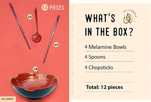 Vista 4 de Juego de 4 cuencos de ramen XL. 12 piezas Pho Bowls. Sopa japonesa asiática. Utensilio: cucharas y palillos. Melamina, grande 52 oz. Fideos, arroz