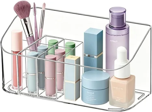 Vista 9 de SUNFICON Bandeja Soporte Organizador de Maquillaje Estuche Expositor de Cosméticos de Mesa Escritorio Tocador Encimera Baño Pared Gabinete Caja