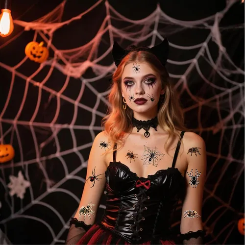 Vista 3 de Tatuajes temporales de Halloween, calcomanías de araña falsa para cara y cuerpo, 10 hojas de calcomanías de tatuaje para el día de los muertos