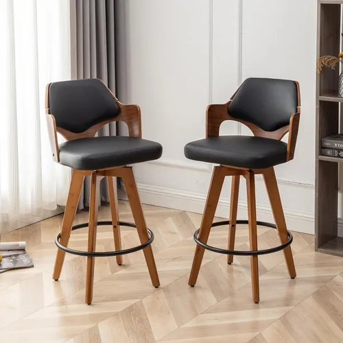 Vista 13 de MEKLIBA Juego de 2 taburetes de bar giratorios de altura de mostrador, silla de bar tapizada con patas de bambú, taburetes de mostrador con respaldo
