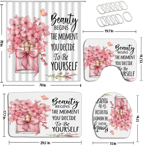 Vista 2 de Juego de 4 cortinas de ducha para niñas, diseño floral, mariposa, rosa, frases, inspiradoras, palabras motivacionales, día de San Valentín, moderno
