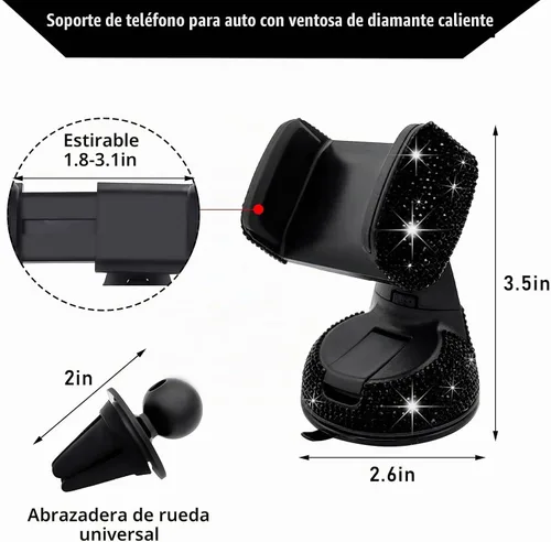 Vista 2 de Bling Soporte de Teléfono para Coche, Soporte de Teléfono Ajustable en 360 Grados de Cristal para Salpicadero y Ventilación de Coche, Soporte Negro