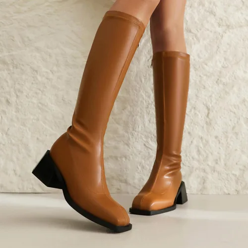 Vista 7 de vivianly Botas altas hasta la rodilla para mujer, tacón grueso, punta cuadrada, con cremallera, botas largas