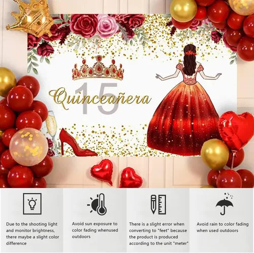Vista 6 de YongFoto Telón de fondo de quinceañera de 5 x 3 pies para quinceañera de cumpleaños de 15 años, corona floral de rosa, fondo de cumpleaños