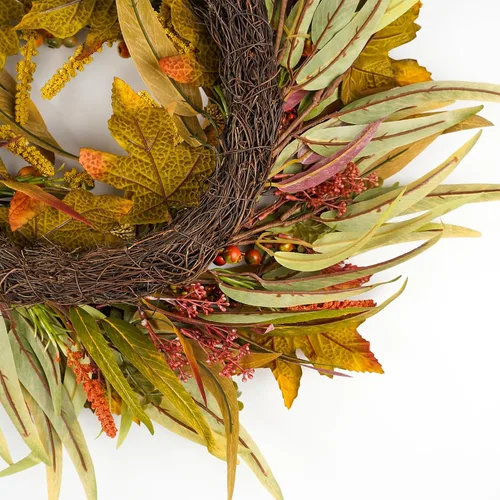 Vista 4 de Corona de olivo para puerta delantera de 22 pulgadas, corona de vegetación para todas las estaciones con hojas de olivo y frutos, decoración
