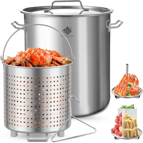 Vista 11 de ARC - Olla grande de acero inoxidable de 64 cuartos de galón para caldera de mariscos con cesta y estante de vapor, olla de cocina al aire libre