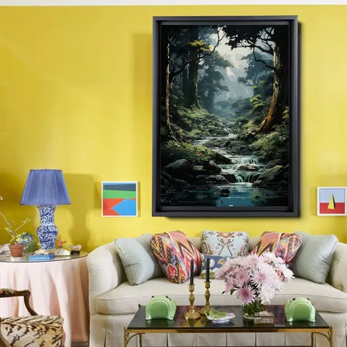 Vista 2 de Waterfall print canvas print, fantasy wall art, watercolor print, high fantasy, nature landscape wall art for living room