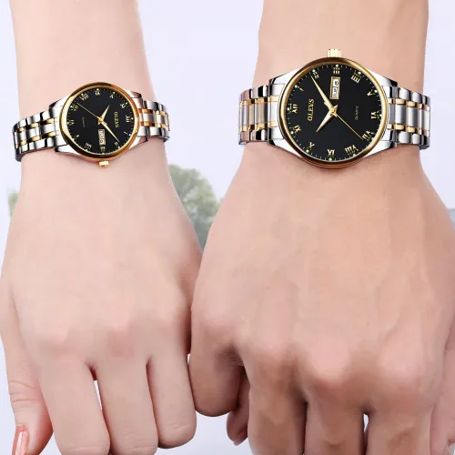 Vista 10 de OLEVS Juego de 2 relojes de cuarzo para parejas de San Valentín, calendario luminoso, ventana de fecha, 3 ATM, impermeable, casual, acero