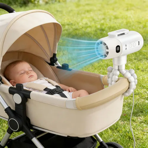 Vista 6 de Flexible Multi Leg Clip On Stroller Fan with 5 Settings and 4000mAh Rechargeable Battery for Infant Crib and Tr White