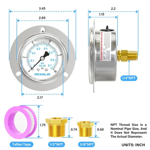 Vista 2 de MEANLIN MEASURE 0~10 psi Manómetro de llenado de líquido, esfera con cara de 2.5 pulgadas, montaje en panel con brida frontal, 1/4" NPT, carcasa