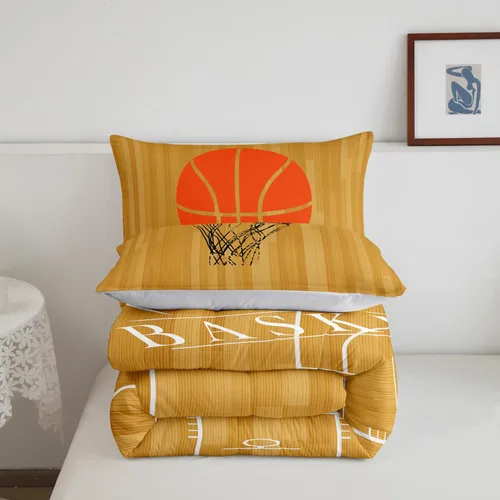 Vista 4 de Erosebridal Juego de ropa de cama de baloncesto tamaño individual para niños, juego de edredón deportivo para cancha de baloncesto, edredón marrón