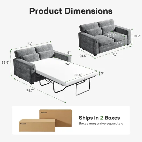 Vista 3 de Marsail Sofá cama extraíble, sofá cama tamaño Queen con colchón de espuma viscoelástica, 2 puertos de carga USB y fundas extraíbles, sofá biplaza
