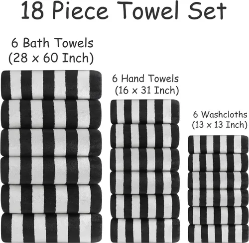 Vista 3 de Juego de 18 toallas de baño de rayas color blanco y negro con lazo para colgar, 6 toallas de baño, 6 toallas de mano, 6 toallas familiares, juego