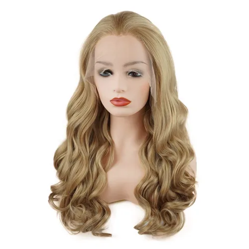 Vista 3 de Peluca de cabello ondulado largo de 24 pulgadas, mezcla de rubio de cuatro tonos, mitad atada a mano, densidad pesada, sintética, encaje frontal